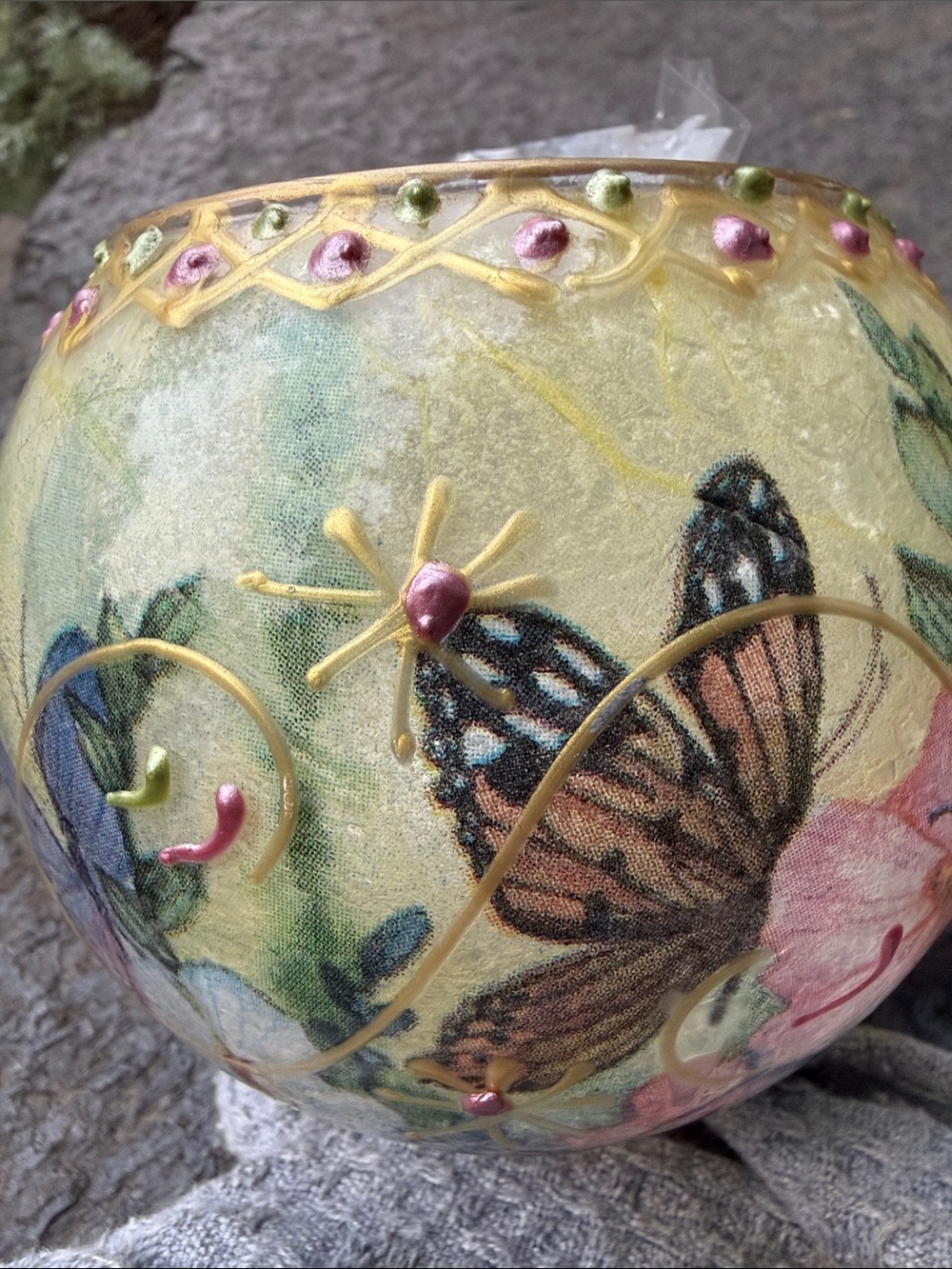 Hand-Painted Butterfly Glass Tea Light Holder in Blue, Pink and Gold - Picture 3 of 16